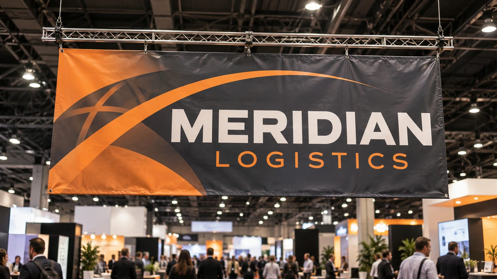 Illustrative photo of a Meridian Logistics vinyl banner hanging at a trade show