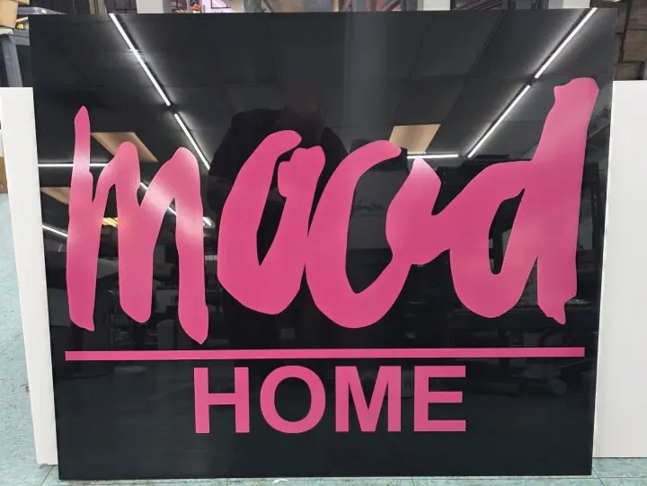 Pink Mood Home dimensional letters in a workshop
