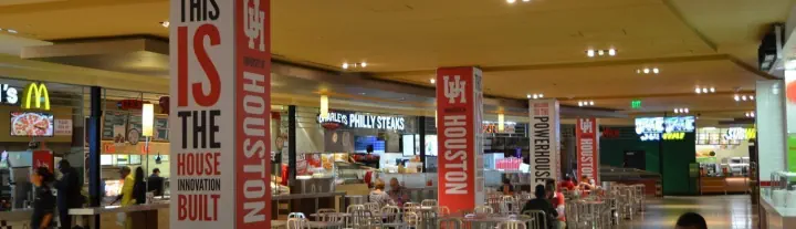 Houston themed hanging banners inside a shopping mall