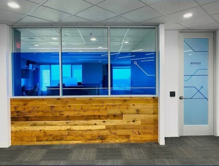 Frosted window and door graphics for a Bridge conference room