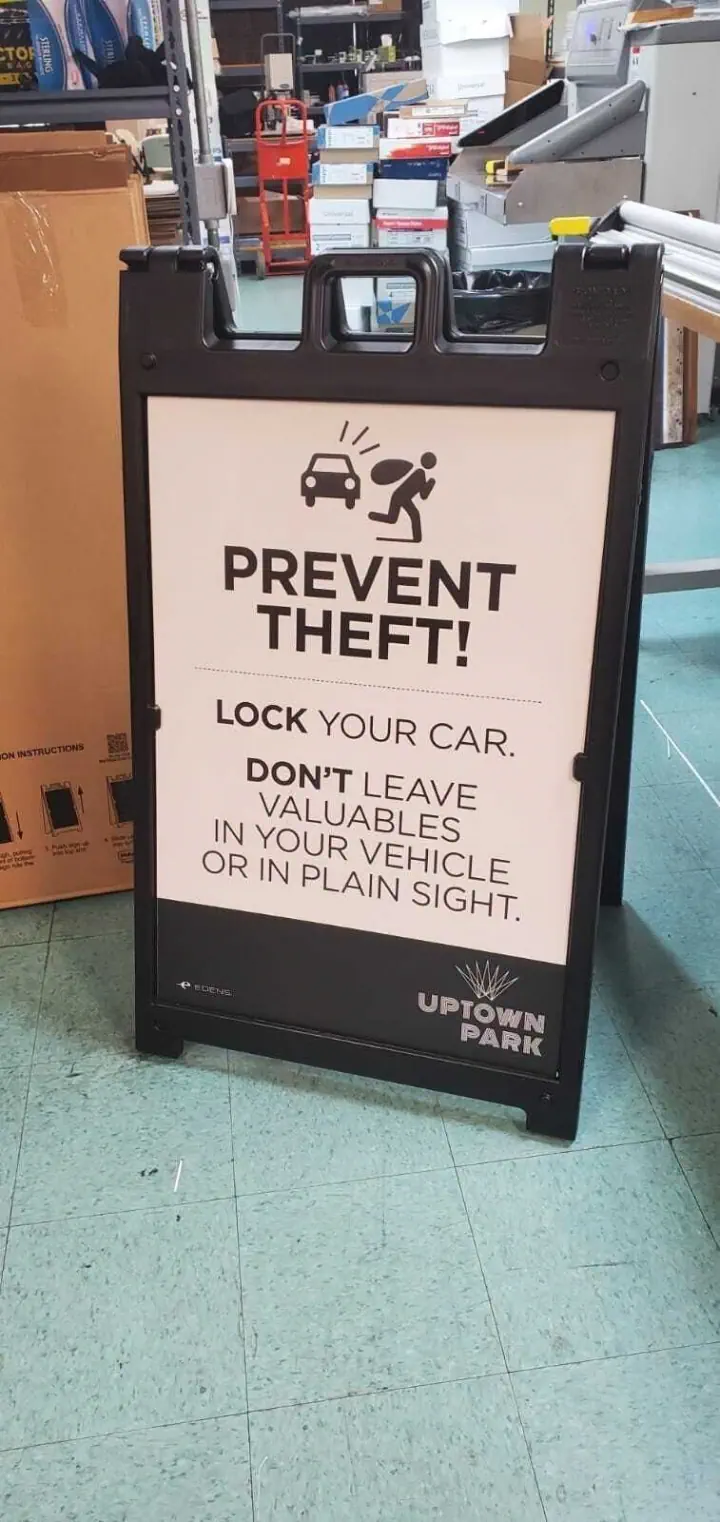 Prevent Theft A-frame sidewalk sign for Uptown Park