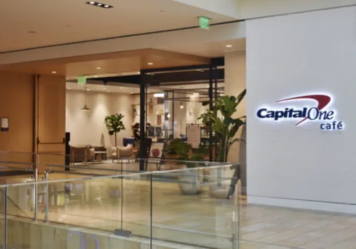 Capital One Cafe storefront sign in a shopping mall