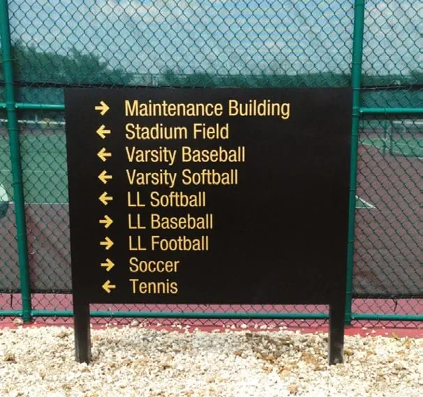 Sports complex wayfinding sign listing fields and facility directions